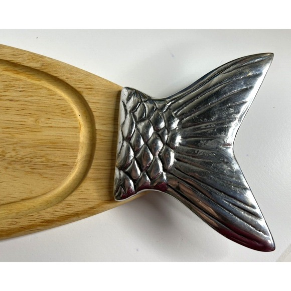 Wood Salmon Fish Shaped Charcuterie Serving Cutting Board Metal Head & Tail 23" - Picture 3 of 11